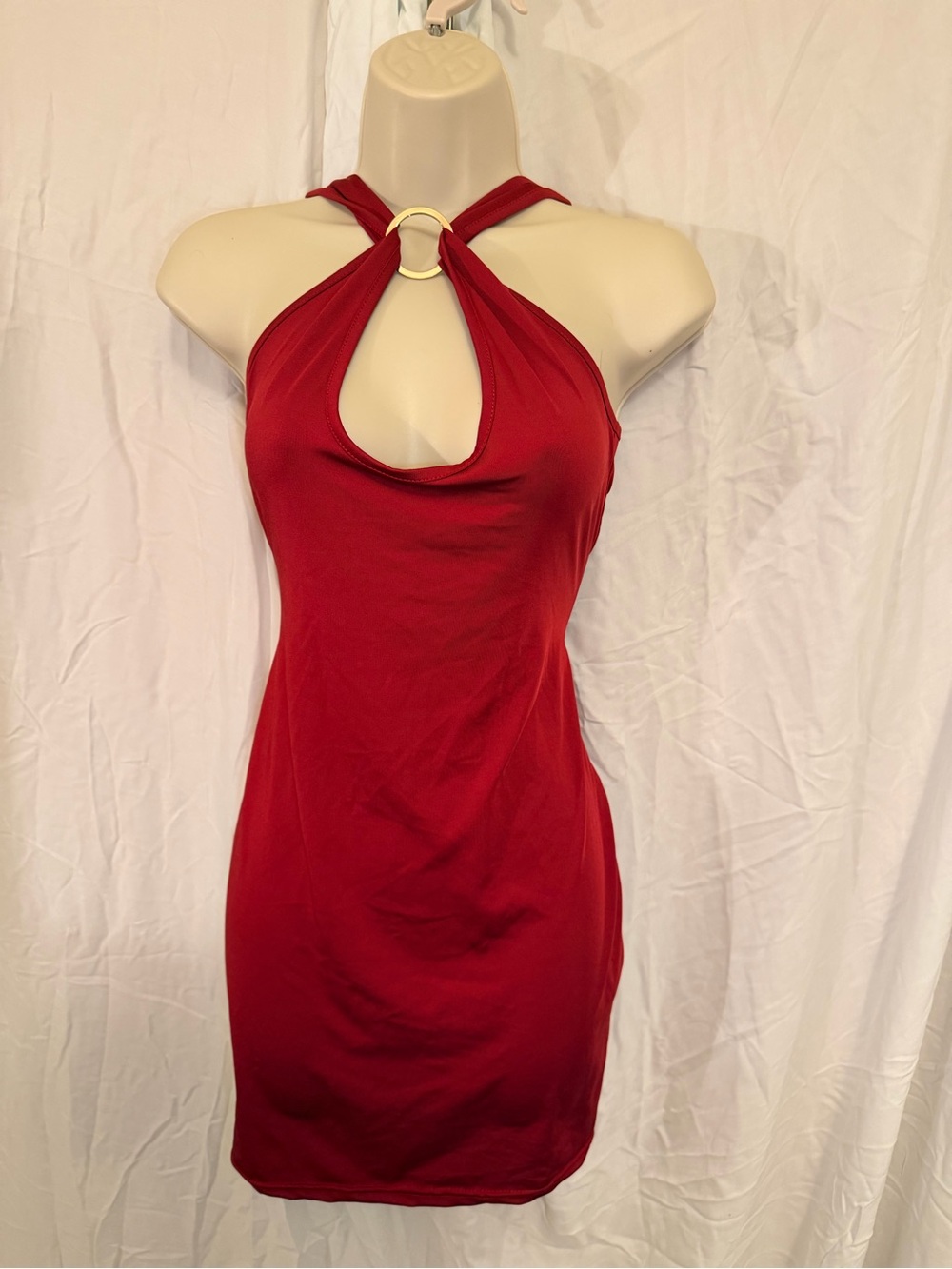 Red Mini Dress Large Gold Ring Halter Keyhole Bodycon